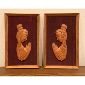 Vintage 1960s MCM Asian Pair of Praying Woodart Wall Hangings.